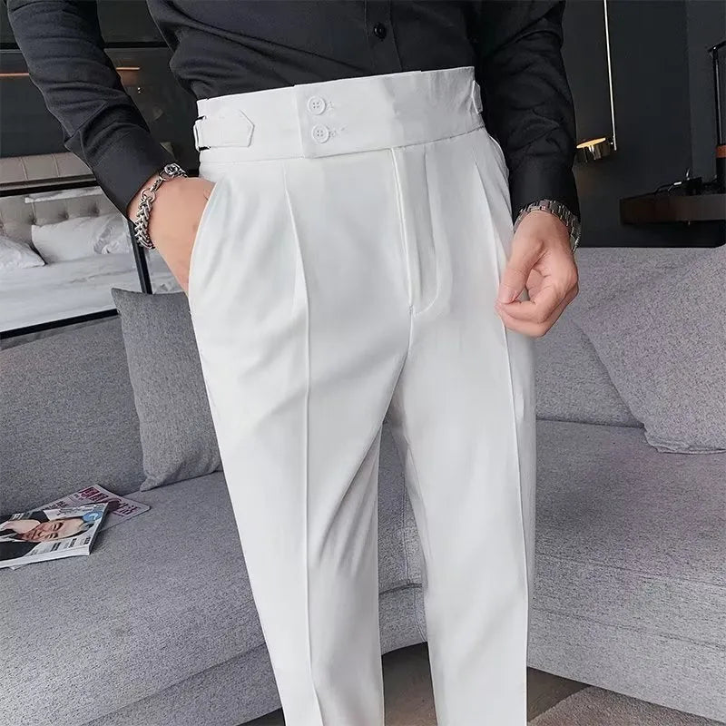 Autumn retro style high waist straight-leg casual trousers in a solid colour.