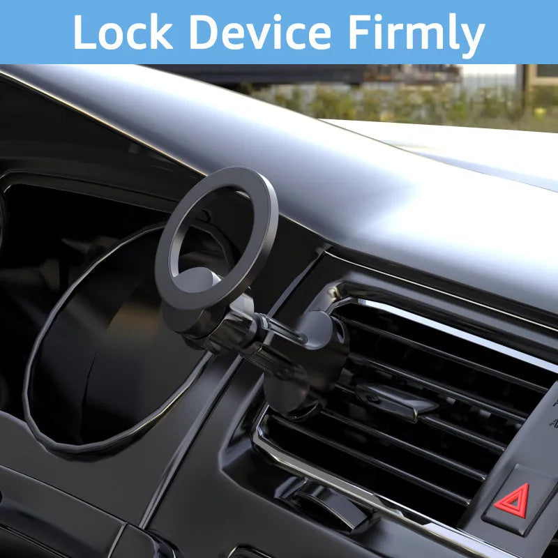 Black magnetic car phone holder attached to vehicle air vent with O-ring bracket design
