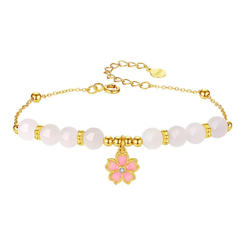 Women's pink bracelet with S925 silver cherry blossom pendant and Hetian jade beads in sweet floral style