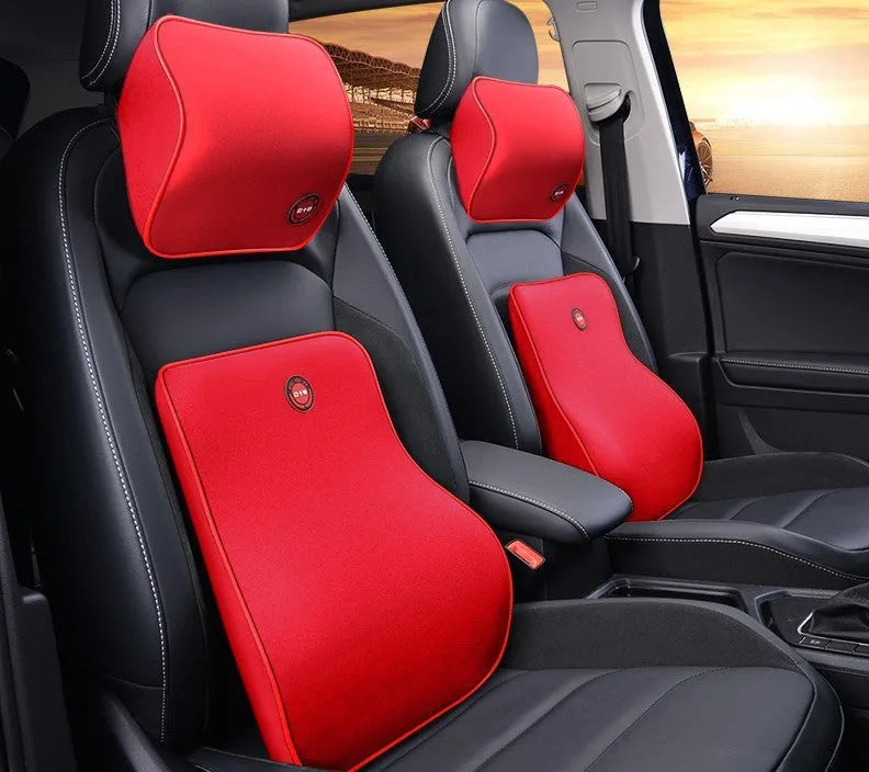 Car headrest neck protector and waist support set in black, coffee, grey or red with polyester cover and memory foam filling