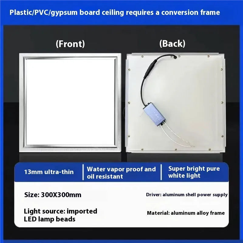 A rectangular white embedded ceiling panel light with a flat surface, shown installed flush in a false ceiling.