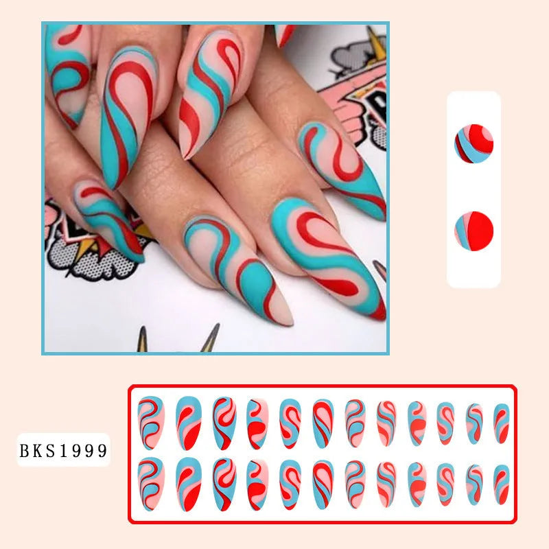 Almond-shaped artificial nail stickers showing plaid patterns, gradient designs, and colourful French ripple effects