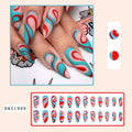 Almond-shaped artificial nail stickers showing plaid patterns, gradient designs, and colourful French ripple effects