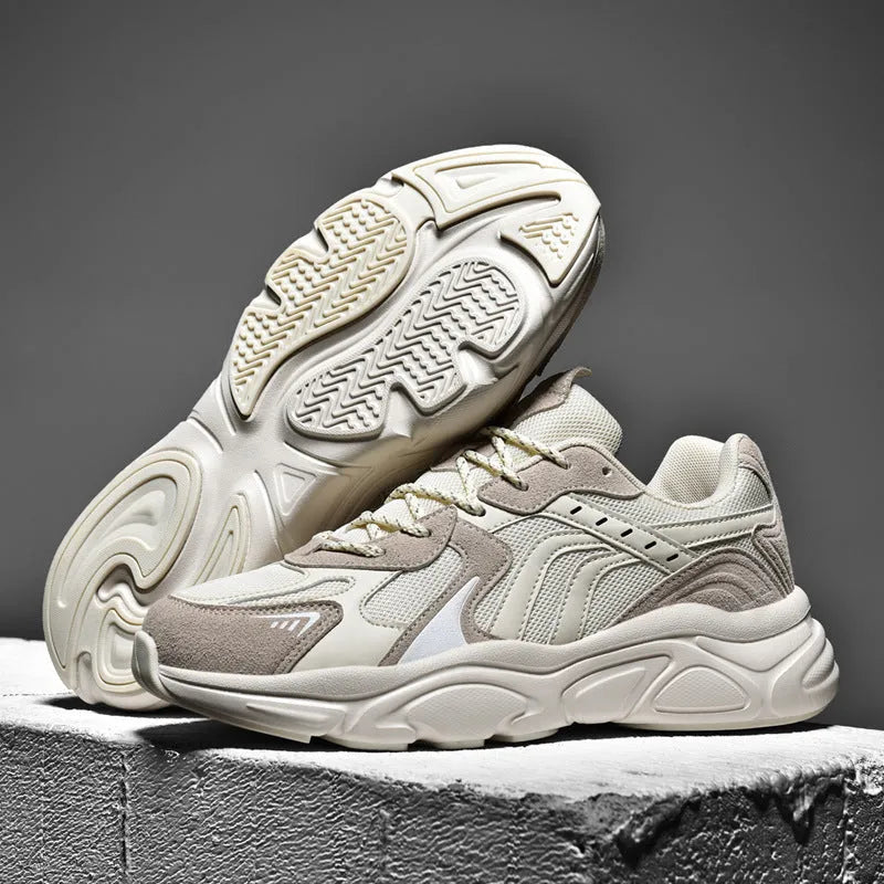 Men's beige and black flat sneakers with low heel and shallow ankle cut, shown in sizes 36 to 46.