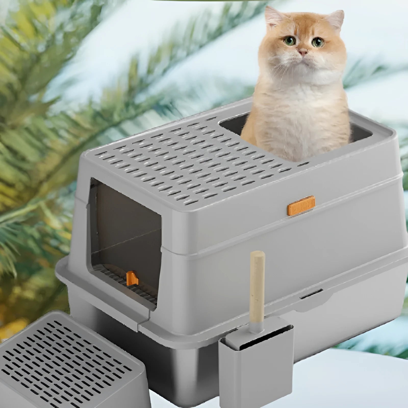 Large grey stainless steel cat toilet with pedal-operated lid, enclosed design