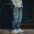 Men's blue loose straight retro denim trousers with zip fly and stretch fabric for leisure wear