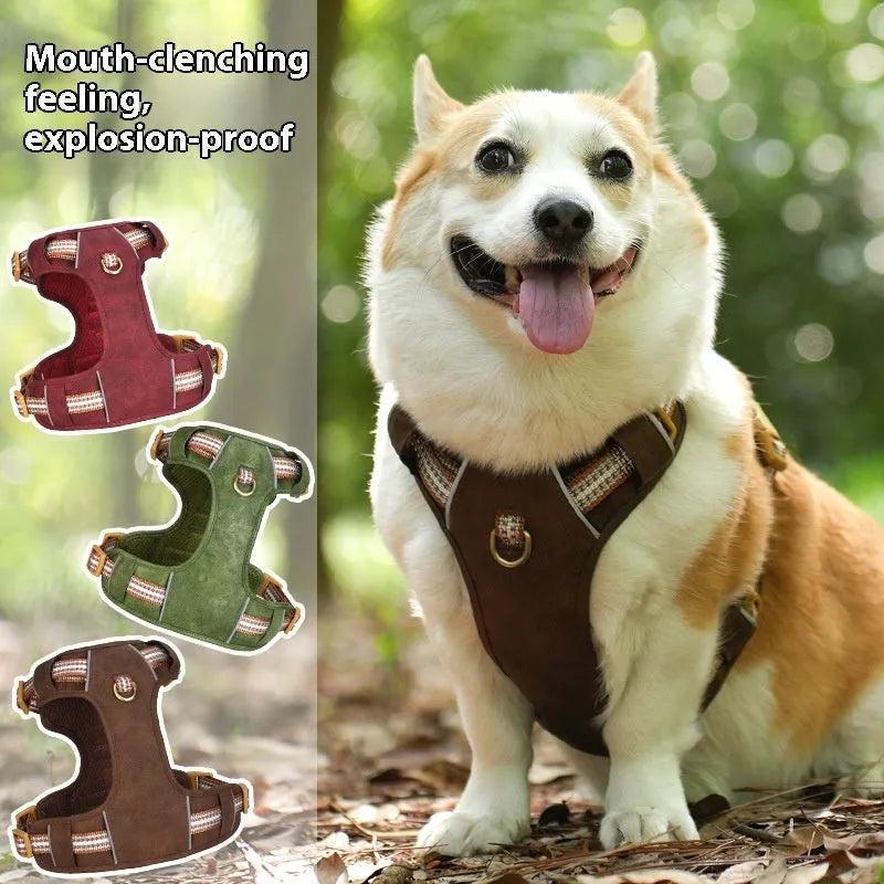 Brown leather dog harness with reflective stitching and explosion-proof D-ring