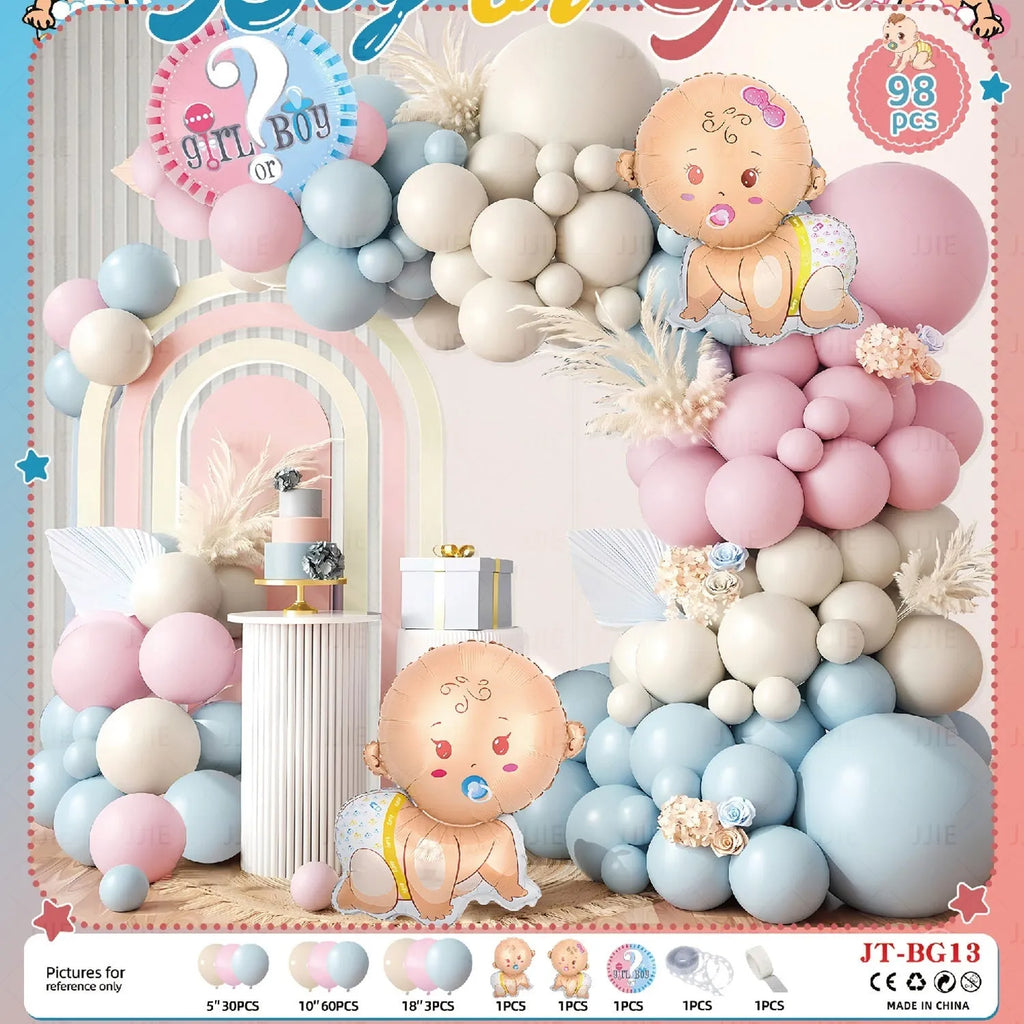Gender reveal balloon decoration kit with pink and blue aluminium foil balloons, ribbon, and bottles.