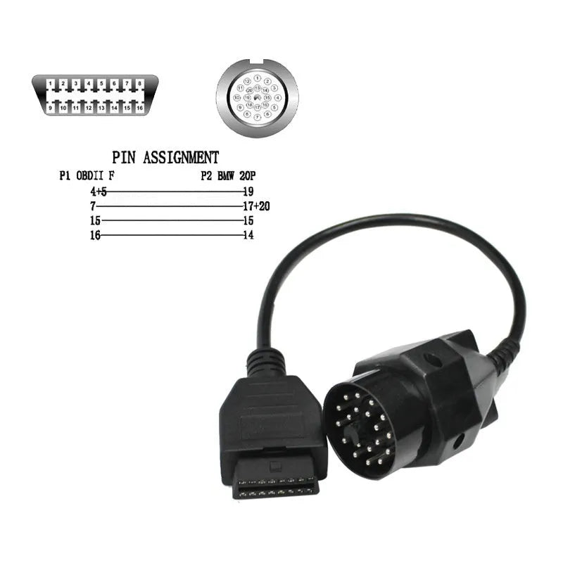 BMW 20-pin to OBD2 16-pin diagnostic connector adaptor cable for vehicle scanner compatibility