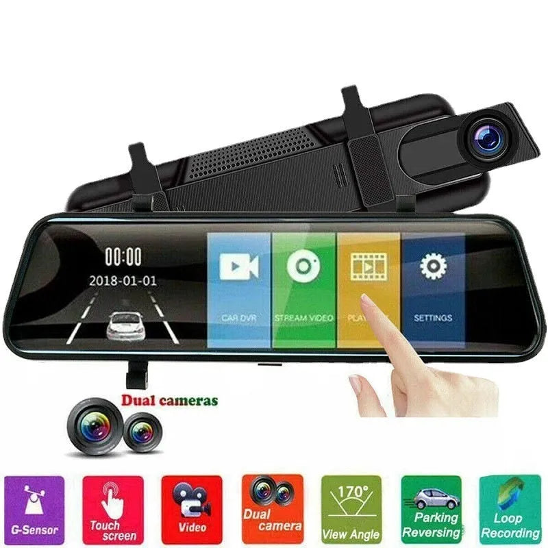 HD 1080p dual lens rearview mirror recorder with 9.66 inch touch screen displaying front and rear video.
