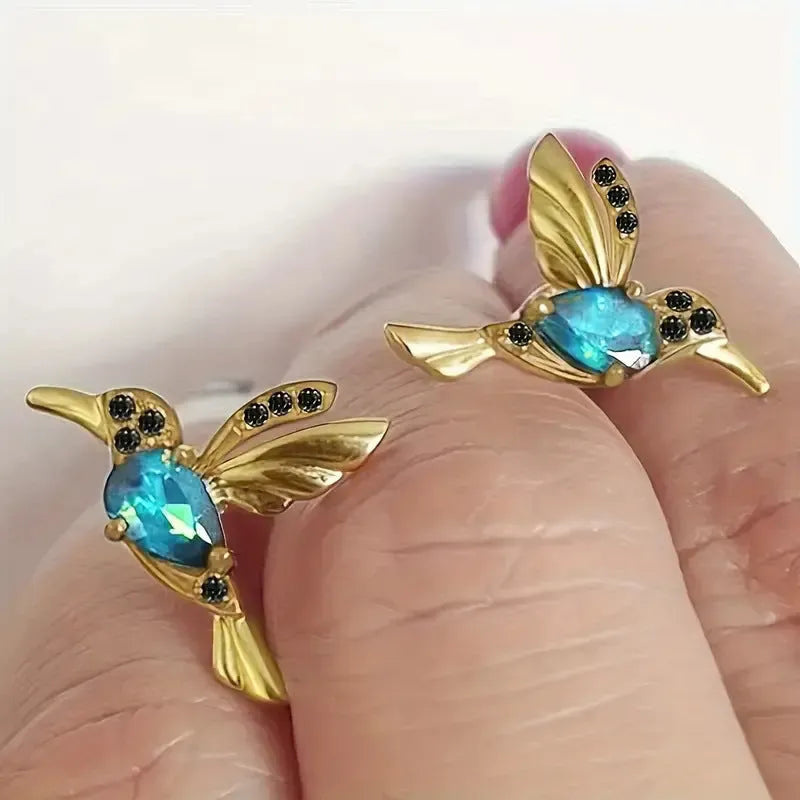 Bird hanging earrings with mixed zirconium wings design in blue, red, and red lvzuan colour options
