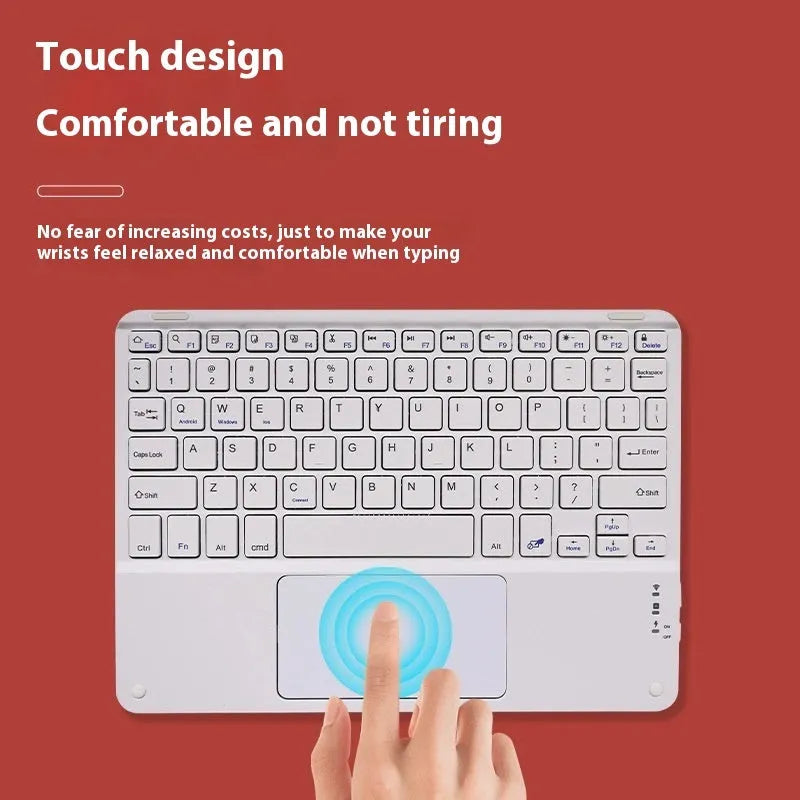 10 inch Bluetooth keyboard with touchpad, Type-C rechargeable, shown in black with colour options.