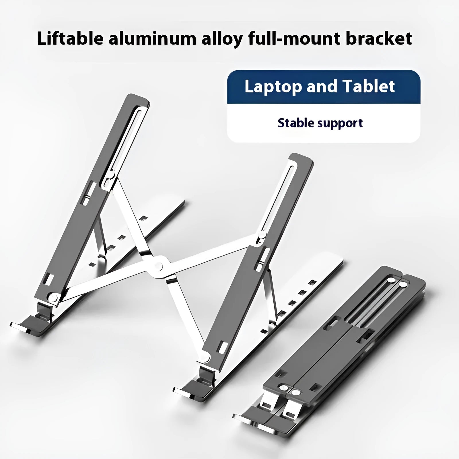 Silver aluminium folding laptop stand holding a laptop on a desk
