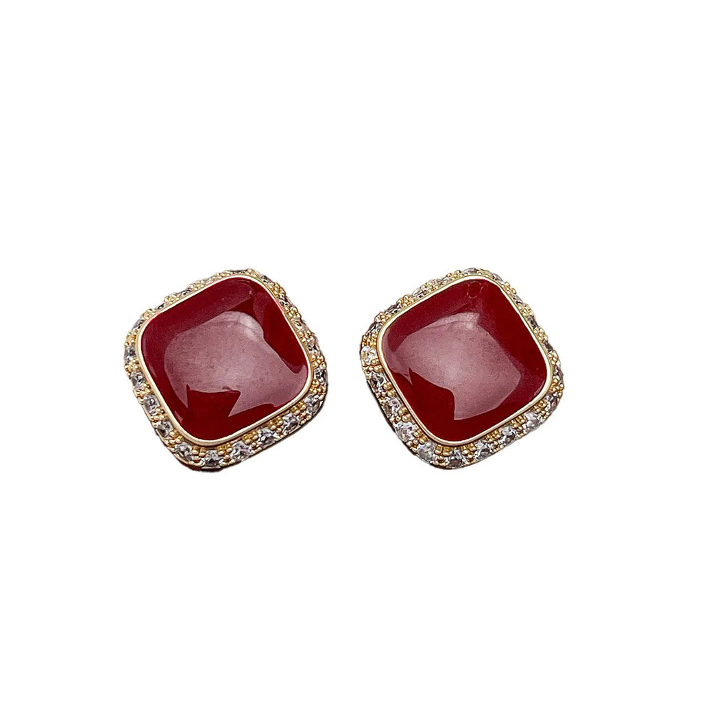Retro red geometric square plate earrings with alloy construction and inlaid design