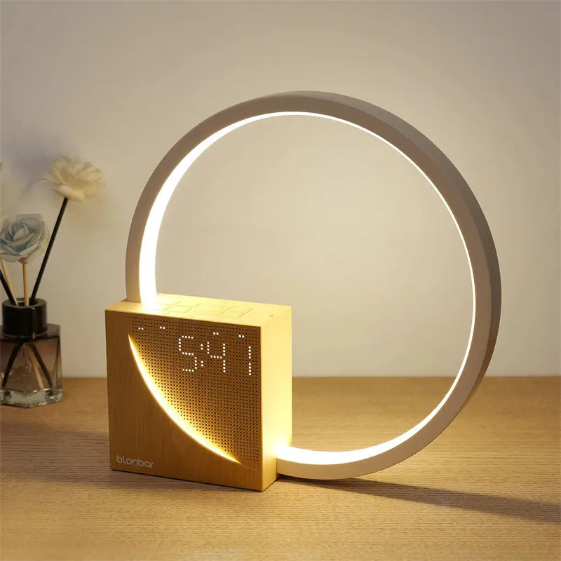 Touch control bedside lamp with alarm clock and natural sounds in navy blue finish