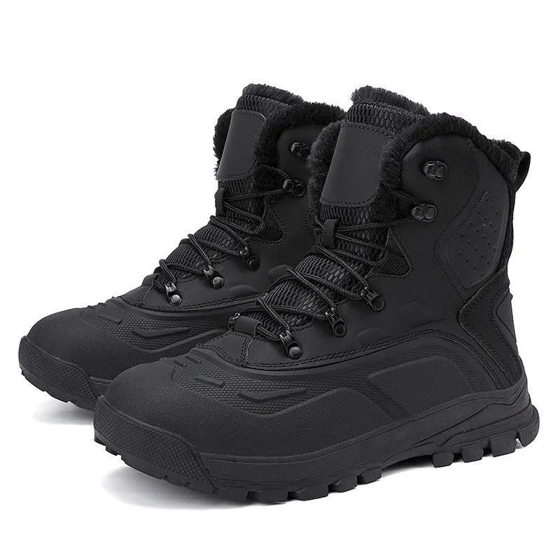 Black high-top men's boots with fleece lining, TPR ribbed sole, and lace-up front in size 42