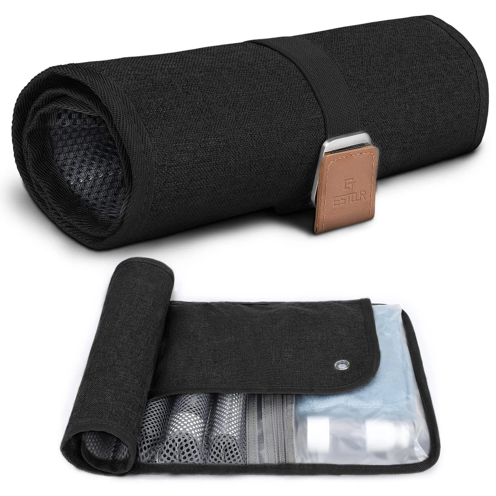Men's black portable reel wash bag with PU material for travel storage