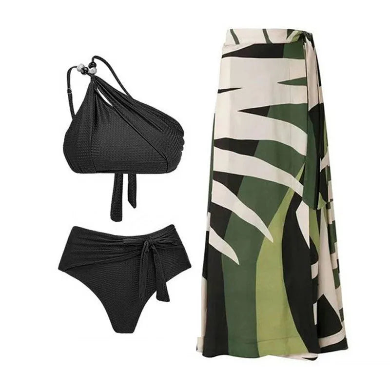 Brown high waisted women's push up bikini swimsuit with chiffon skirt overlay and split design.