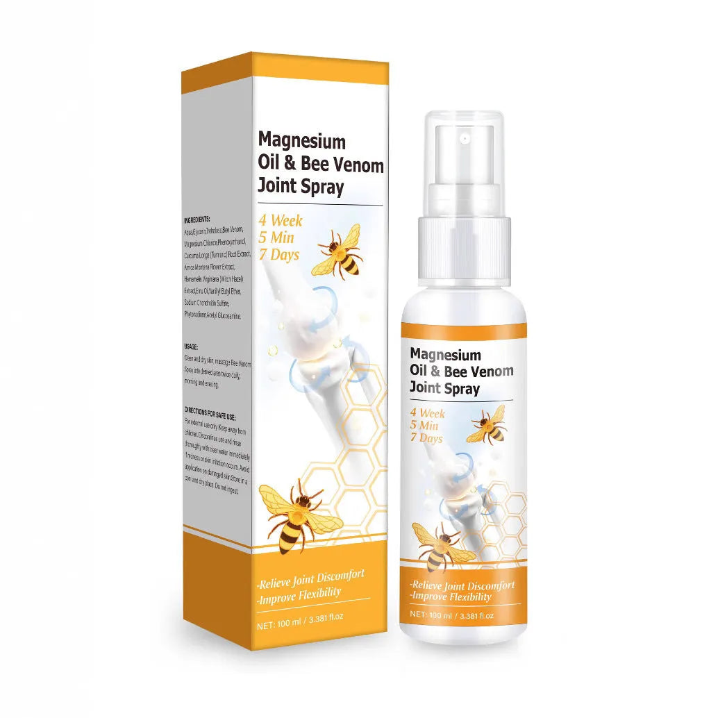 Magnesium oil bee joint spray gel bottle, 100ml volume, 152x39x39mm dimensions, with spray nozzle for topical application.