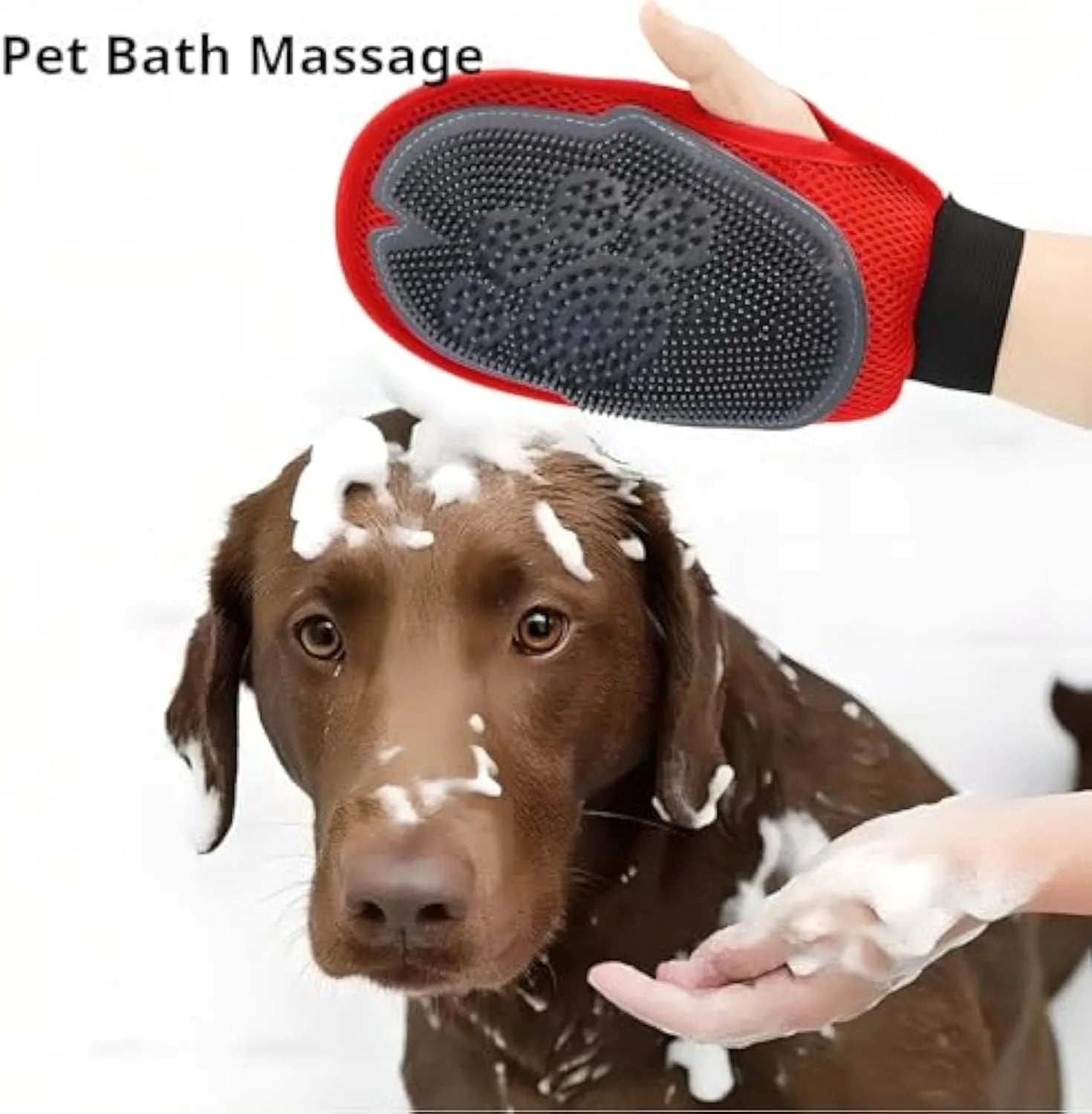 Red pet bathing glove with silicone brush bristles on palm, showing adjustable strap and dimensions of 26cm by 16cm.