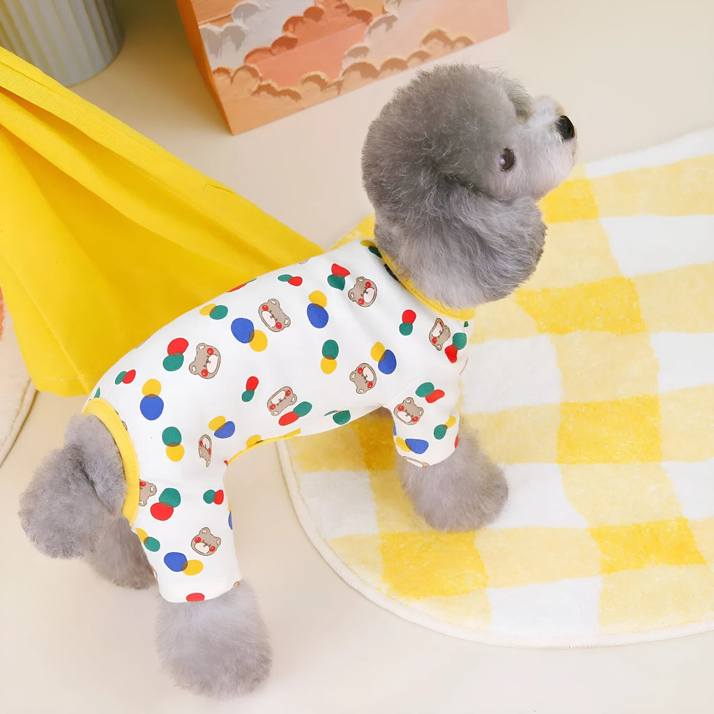 Dog wearing colourful ball bear design cotton spandex blend pet clothes in beige colour