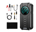 Wireless portable vehicle air pump with 6000mAh battery, 12V output, and accessories including nozzles and 3m cable