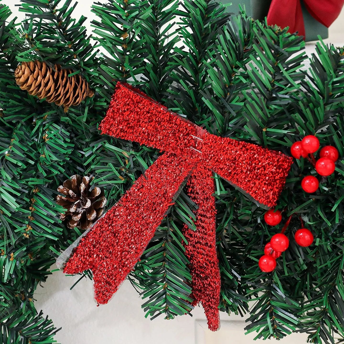 Christmas rattan pine cone bow decorative showcase with European style design and PVC construction