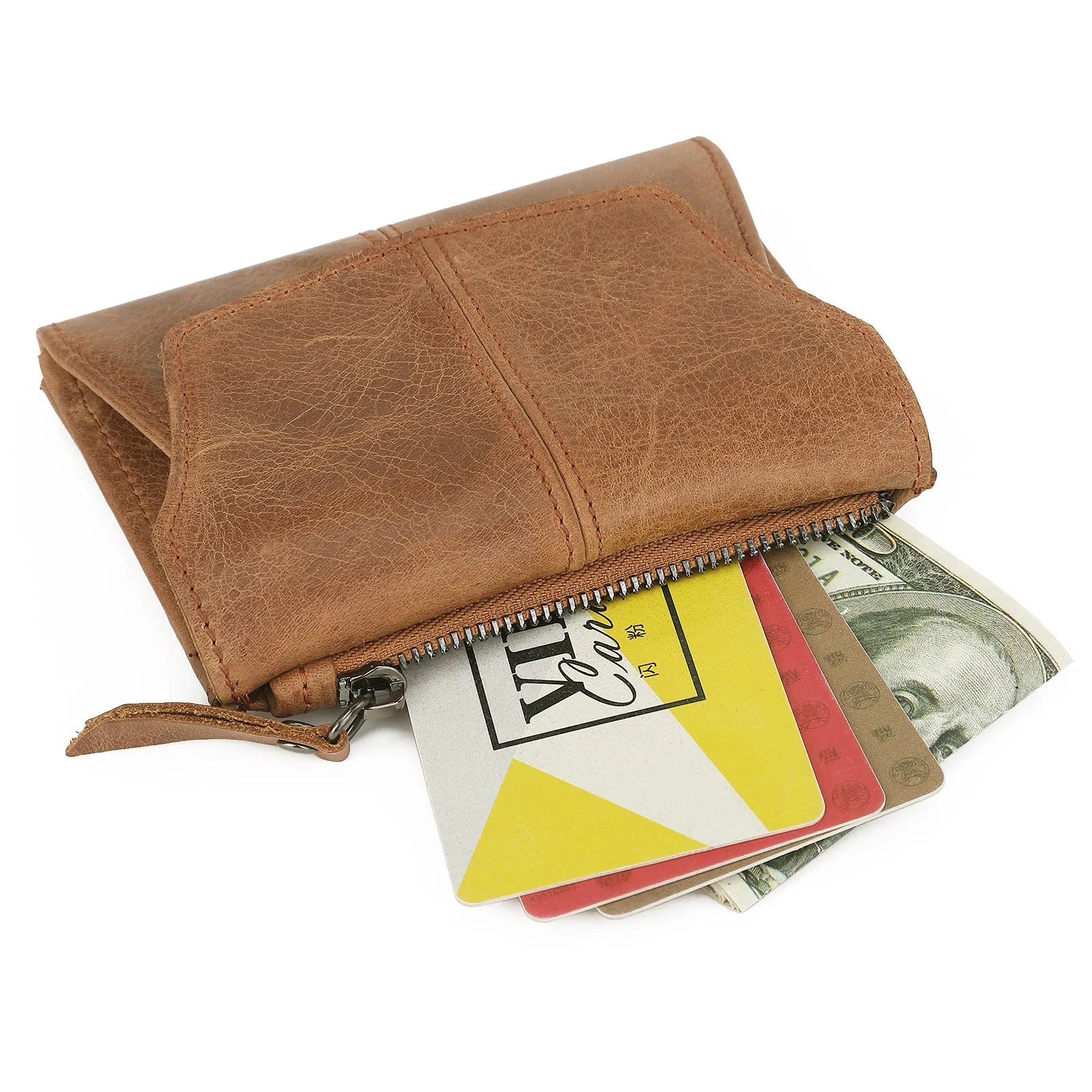 Genuine cowhide leather coin purse with stitching detail and lock mechanism in retro style