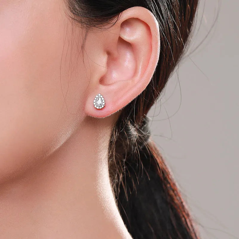 Women's 925 sterling silver water drop ear studs with diamond treatment process and post-and-clutch backing