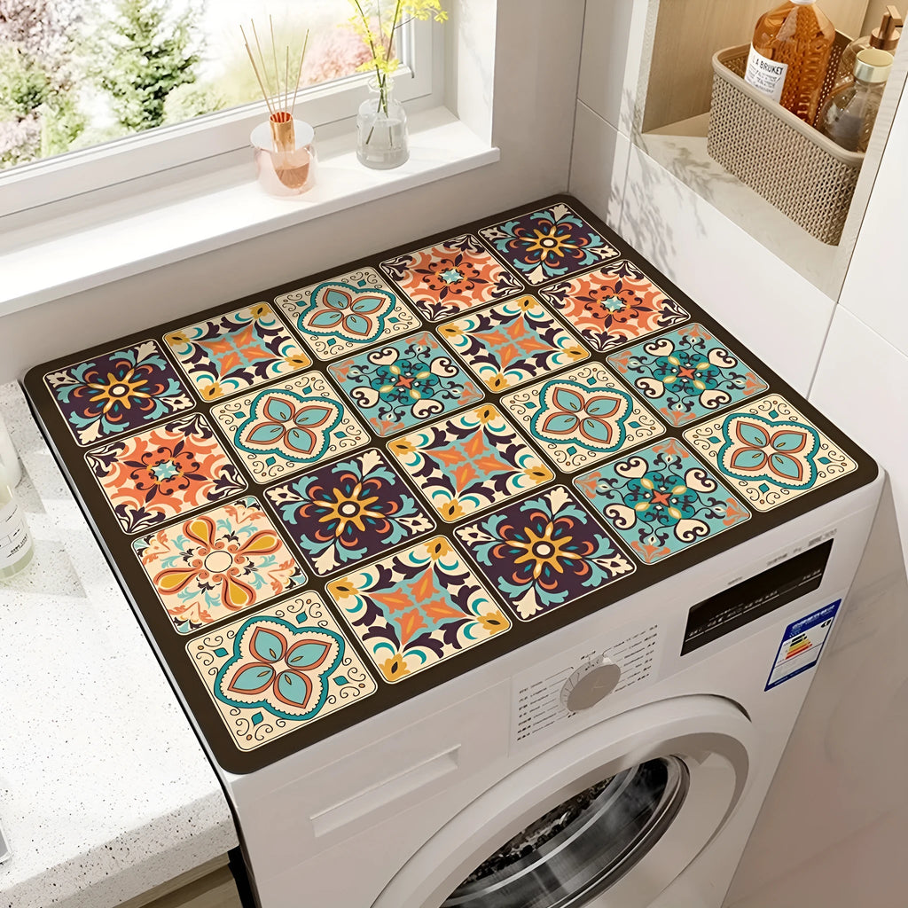 Square polyester washing machine floor mat with an abstract printed design in front of a laundry appliance.