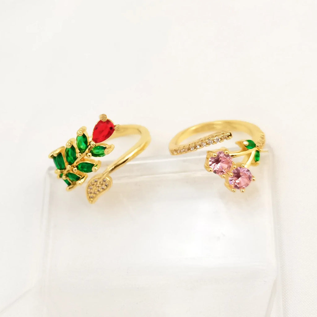 Copper gold open ring with geometric leaf design and zircon micro-inlay details
