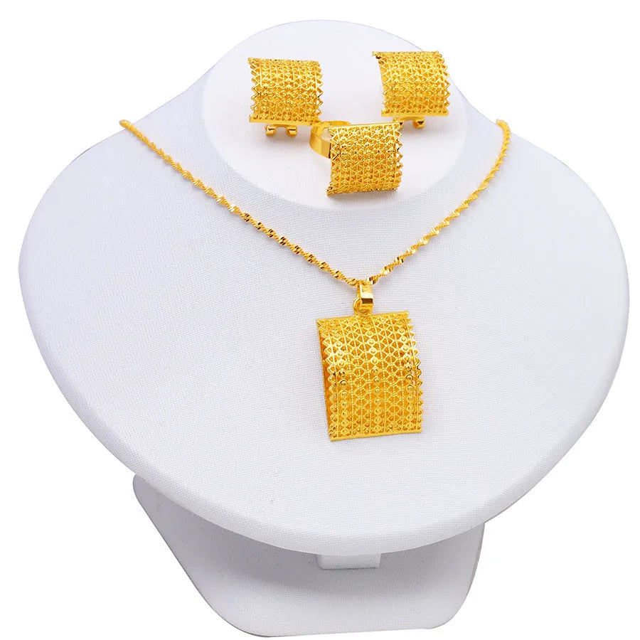 Golden colour bridal jewelry set with copper necklace, earrings, and ring combination