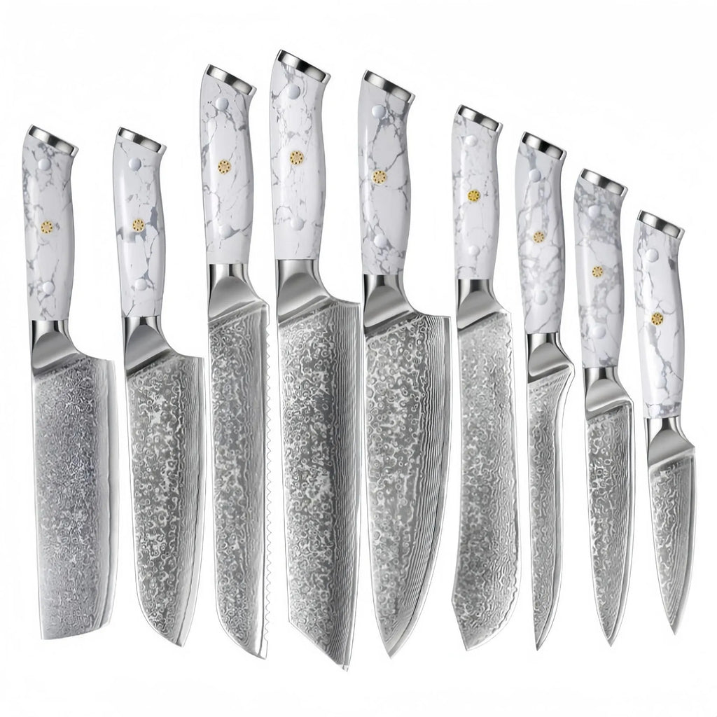 Damascus Special Household Combined Chef's Knife with 21cm VG10 steel blade and 11cm handle on a cutting board