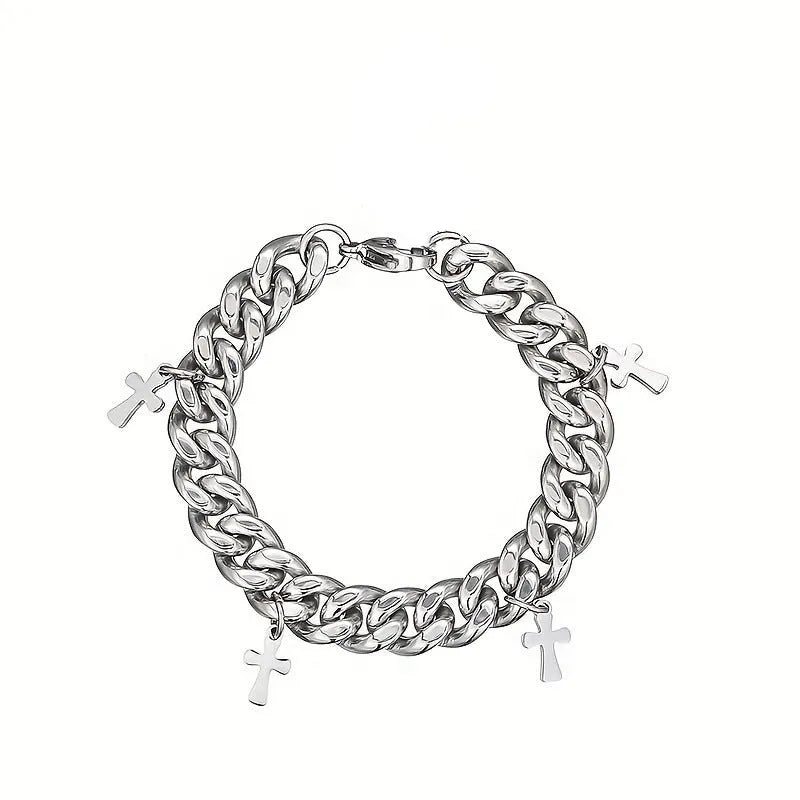 Men's titanium steel bracelet with geometric cross design on wrist, showing adjustable clasp and matte finish