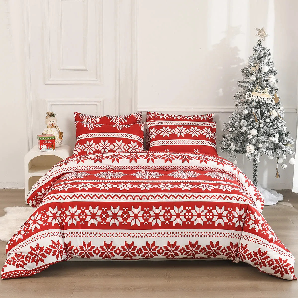 Red chemical fibre bedding set with Christmas Love Song pattern, sanding weave texture, shown on bed