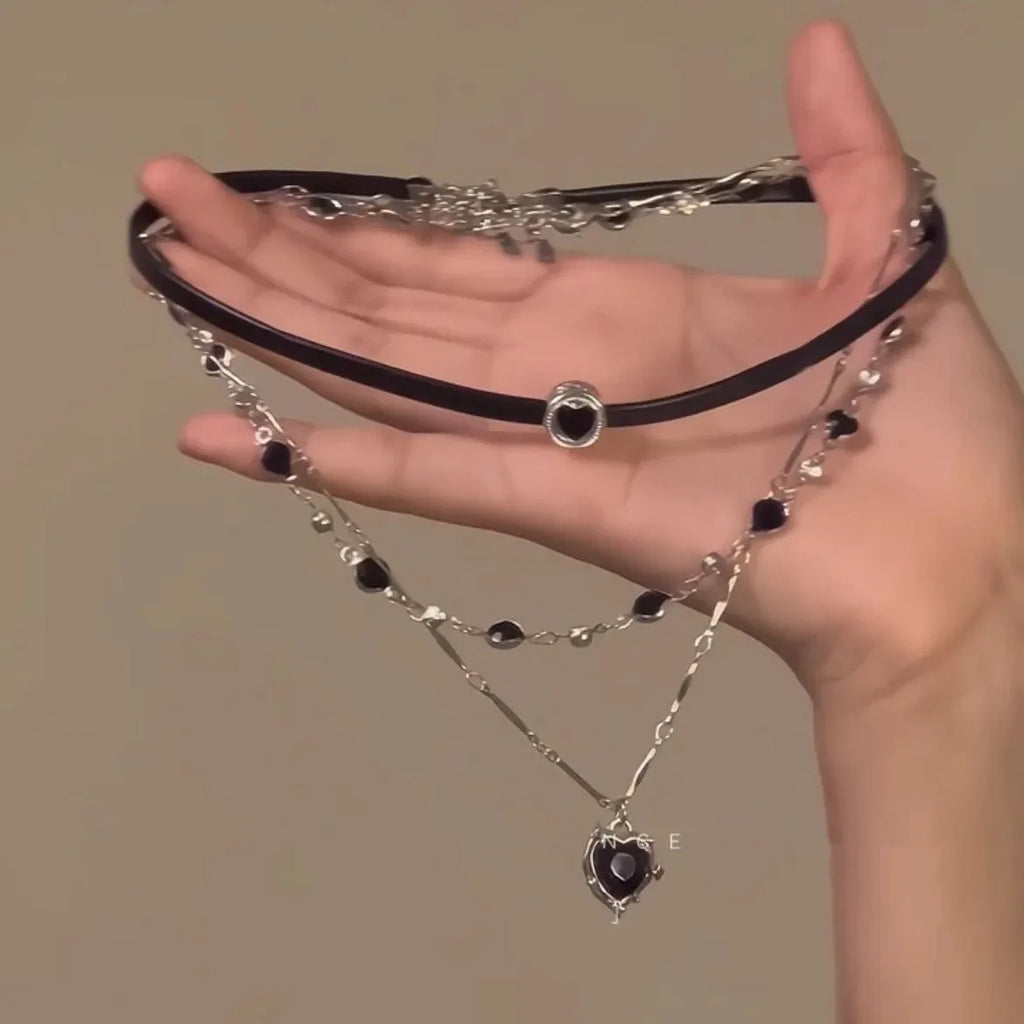Women's adjustable twin necklace with leather heart pendants on 41-50cm alloy chain