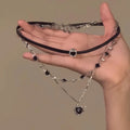 Women's adjustable twin necklace with leather heart pendants on 41-50cm alloy chain