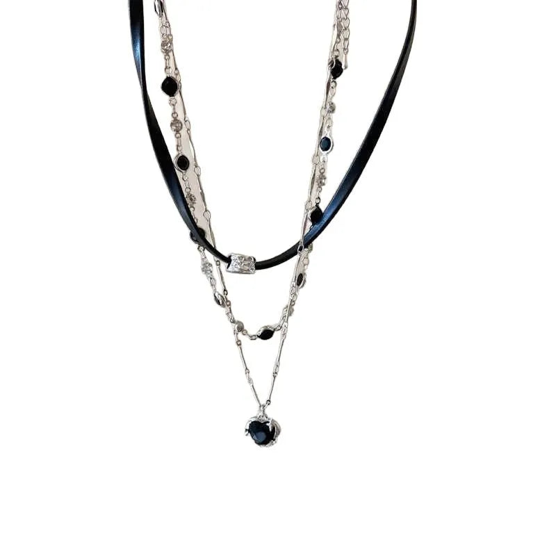 Women's adjustable twin necklace with leather heart pendants on 41-50cm alloy chain