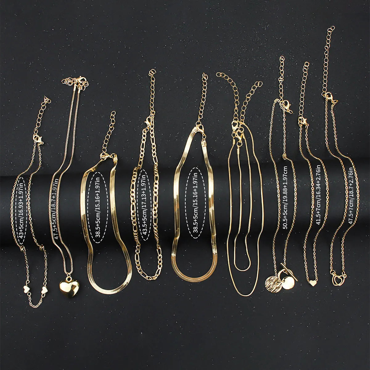 10 gold electroplated necklaces with adjustable snake bone chains from 21cm to 50cm length