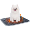 Grey cloth pet cushion showing size options from 40x50cm to 72x115cm on a floor