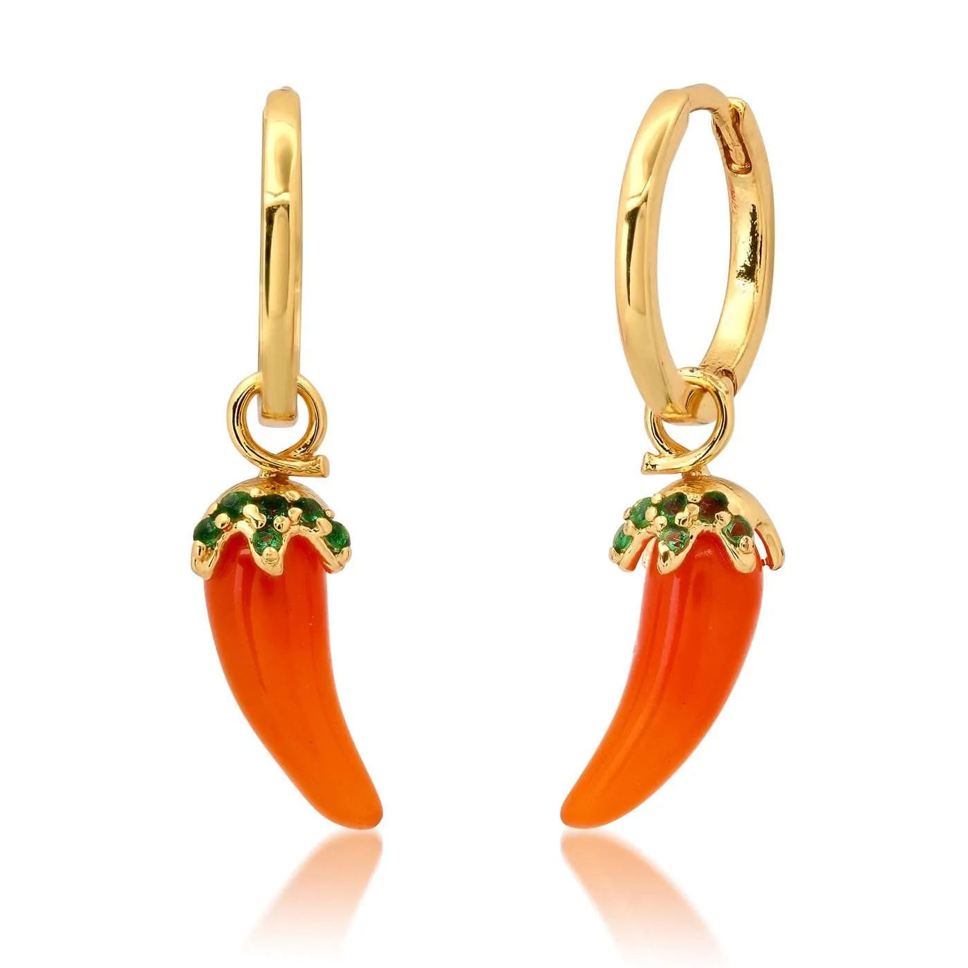 Gold plated copper earrings shaped like carrots, lemons, blueberries, olives, oranges, peaches, and chillies.