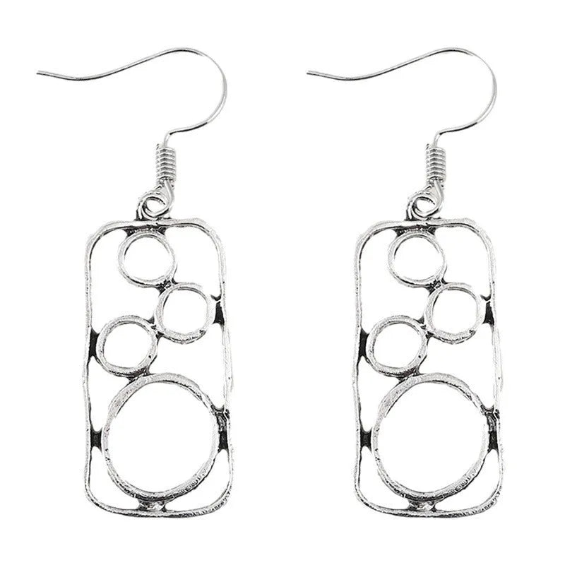 Pair of antique silver geometric earrings with an irregular square stud and round ring on zinc alloy posts.