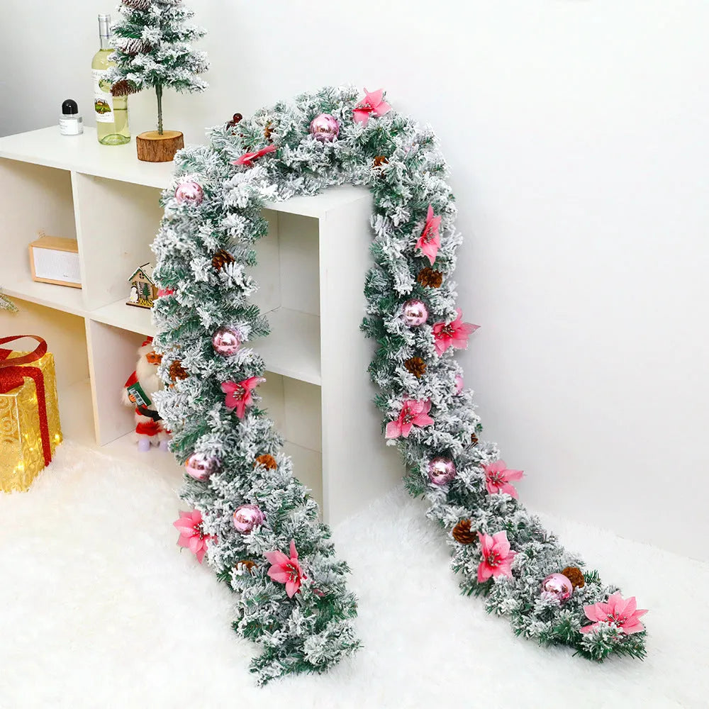 Christmas rattan garland with flocking decoration in golden colour, 240cm length, PVC material construction for festive display