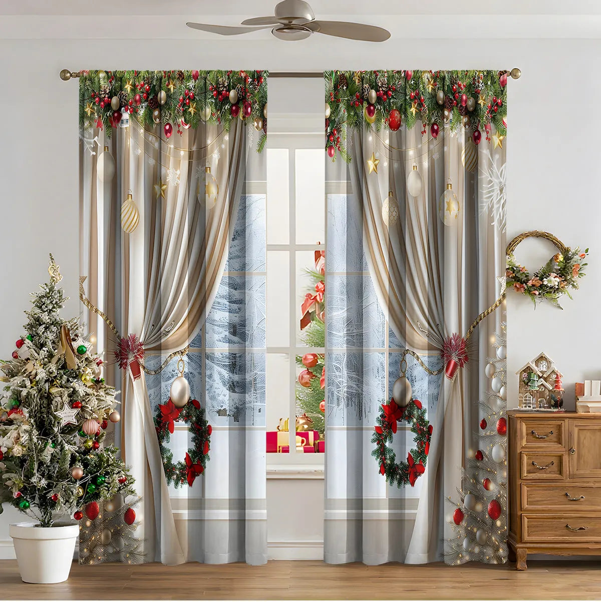 3D digital printed Christmas curtain in a European style, showing modern simplicity design and polyester fabric