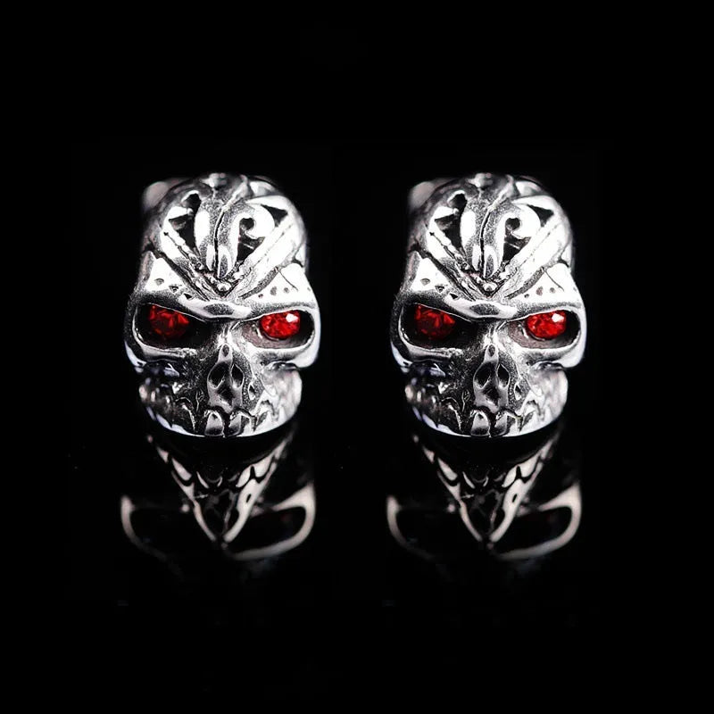 Retro skull stud earrings with red eye ghost design, alloy construction with electroplated finish, measuring 1.5 cm in height
