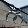Silver geometric hoop earrings with moon detail, punk-style gothic design, ear clip fastening