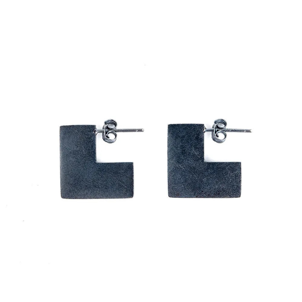925 sterling silver oxidation black geometry square earrings, 16mm size, minimalist cold wind style