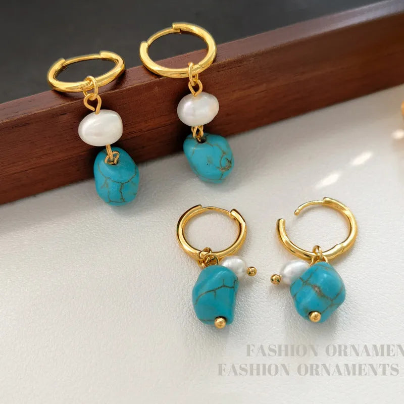 Irregular turquoise ear clips with cultured pearls on copper geometry frame, showing both short and dangle earring options