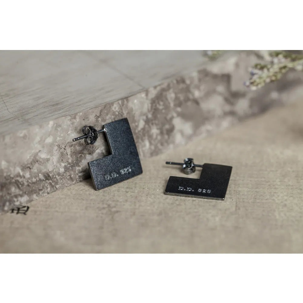 925 sterling silver oxidation black geometry square earrings, 16mm size, minimalist cold wind style