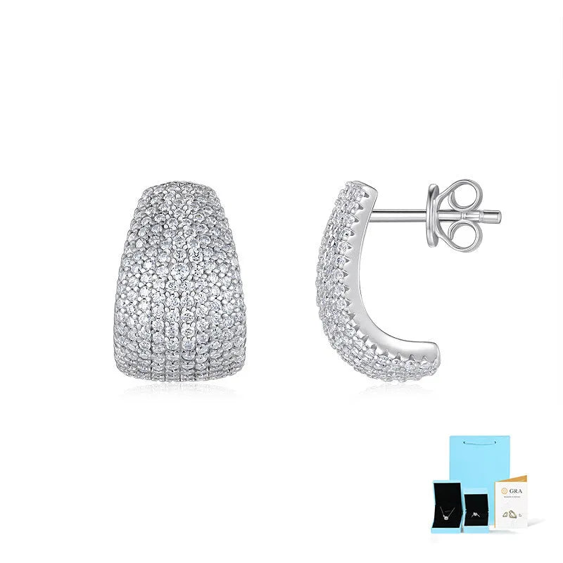 Geometric silver stud earrings with moissanite stones showing front and back views